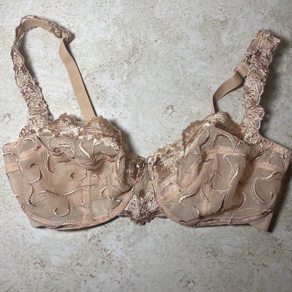 Panache Superbra Carnation Balconette Bra 32E Nude Gold Lace Underwire 3311